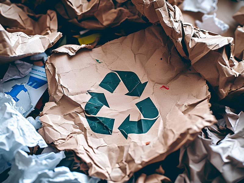 Verpackungsabfälle mit einem Recycling-Symbol liegen auf dem Boden.