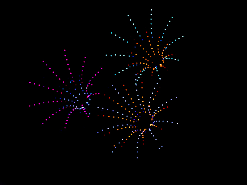 Drohnen mit LEDs wie Feuerwerk am Himmel angeordnet.